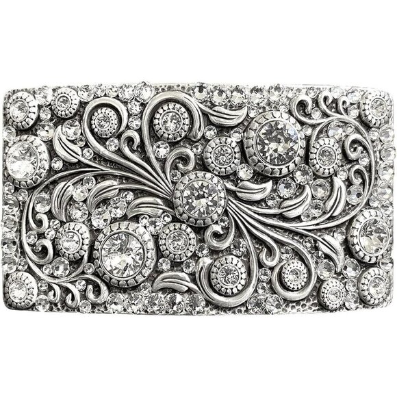 Women\'s Silver 1 Rhinestone Crystal Antique Brass Rectangle Floral Belt Buckle main image 7